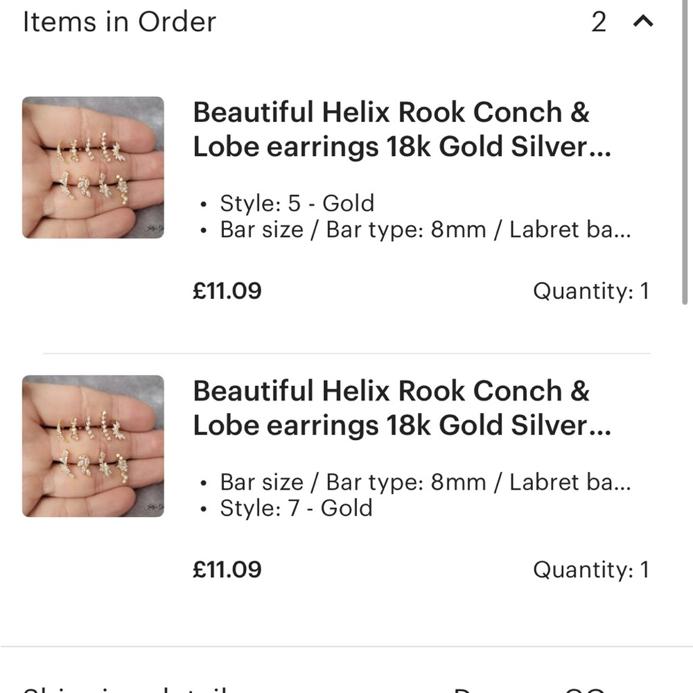 Two earrings never work 18k gold silver. 8mm bar length.